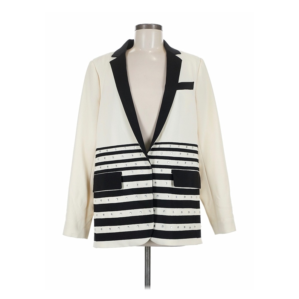 Nanette Lepore Blazer Womens 8 Cream Black Excellent Rhinestone Striped Jacket